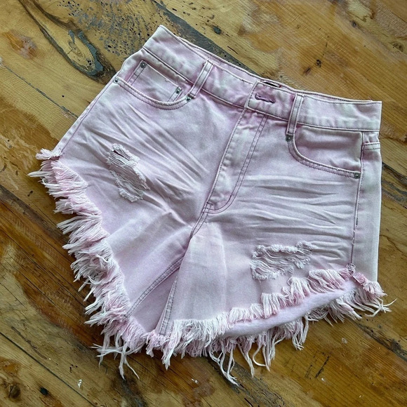 BDG Pink High Rise Distressed Raw Hem Shorts - Picture 5 of 10